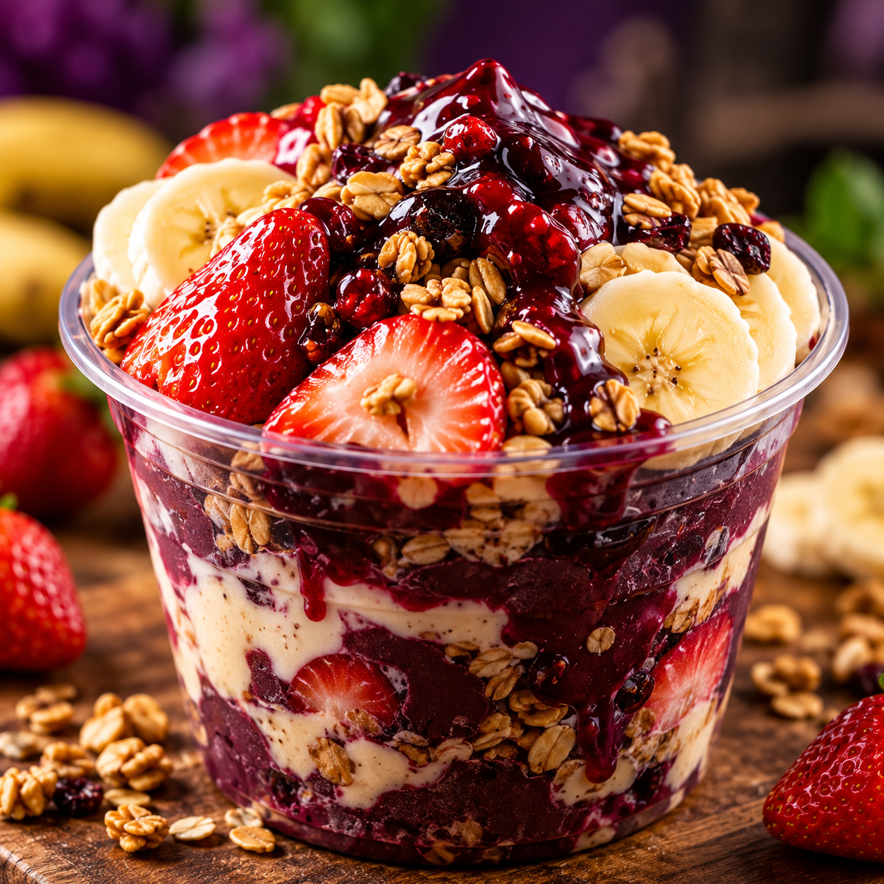 Açaí com frutas e cobertura